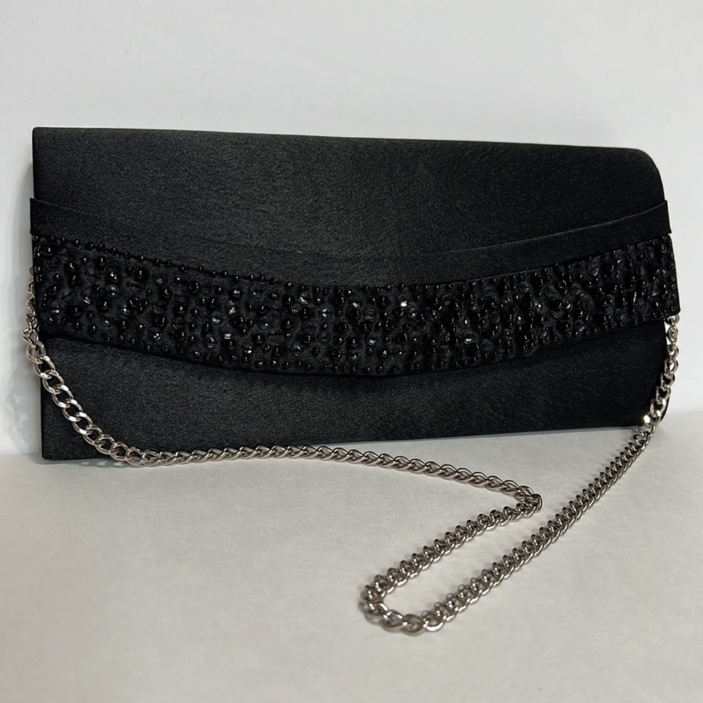 Moni Couture Black Beaded Satin Clutch with Removable Silver Tone Chain Strap